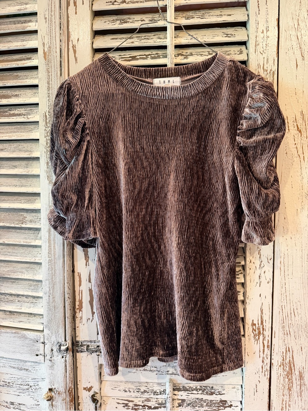 THML Taupe Velvet Puff-Sleeve Short Sleeve Tee